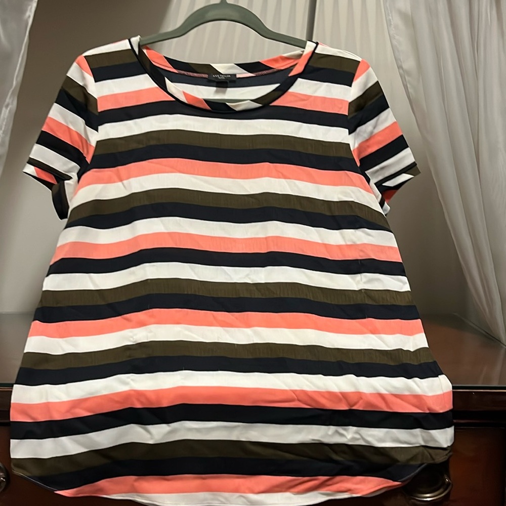 Ann Taylor Women's Medium Petite Pink Green Black White Stripe Short Sleeve Top